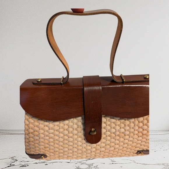 Vintage 1960's,70's Etienne Aigner woven straw and leather Handbag Satchel Purse - Picture 8 of 16